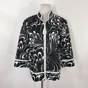 Chico's‎ 3 Black White Lined Cotton Jacket Band Collar Hook Close